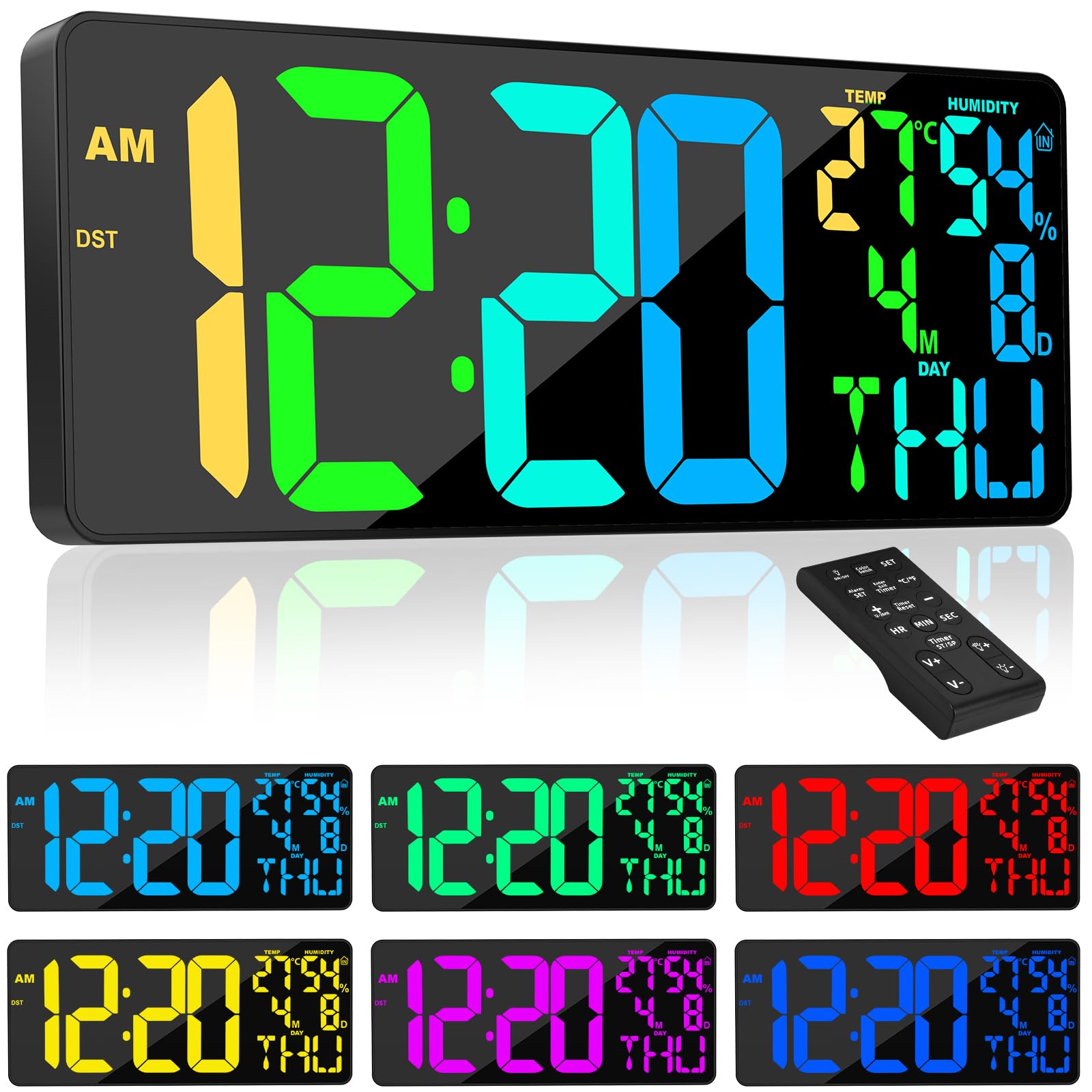[Oversized] 18 Digital Wall Clock Large Display, 11 RGB Color Changing Large Digital Wall Clock with Remote, Date, DST, Temperat