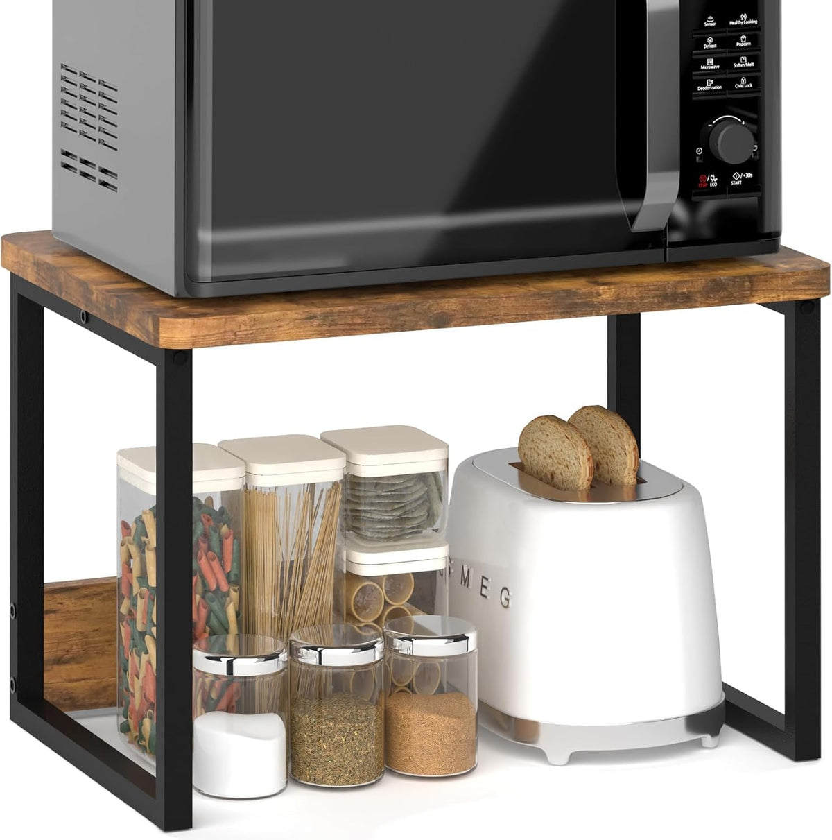 Eveto Microwave Oven Stand For Kitchen Countertop, Metal & Engineered Wood Storage Rack, Rustic Brown, Multifunction Microwave S