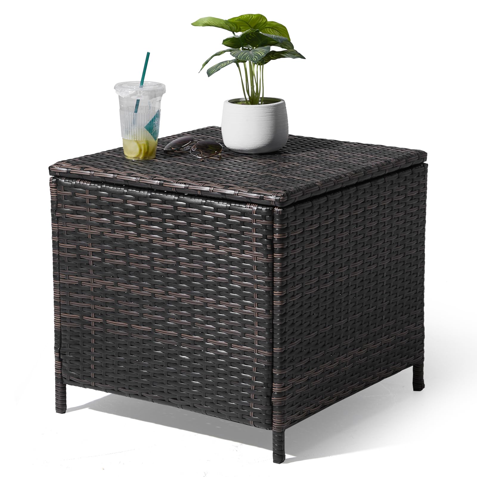 VINGLI Outdoor Side Table with Storage, 27-Gallon Patio Deck Box Outdoor Wicker Side Table for Poolside Balcony Storage Table (B