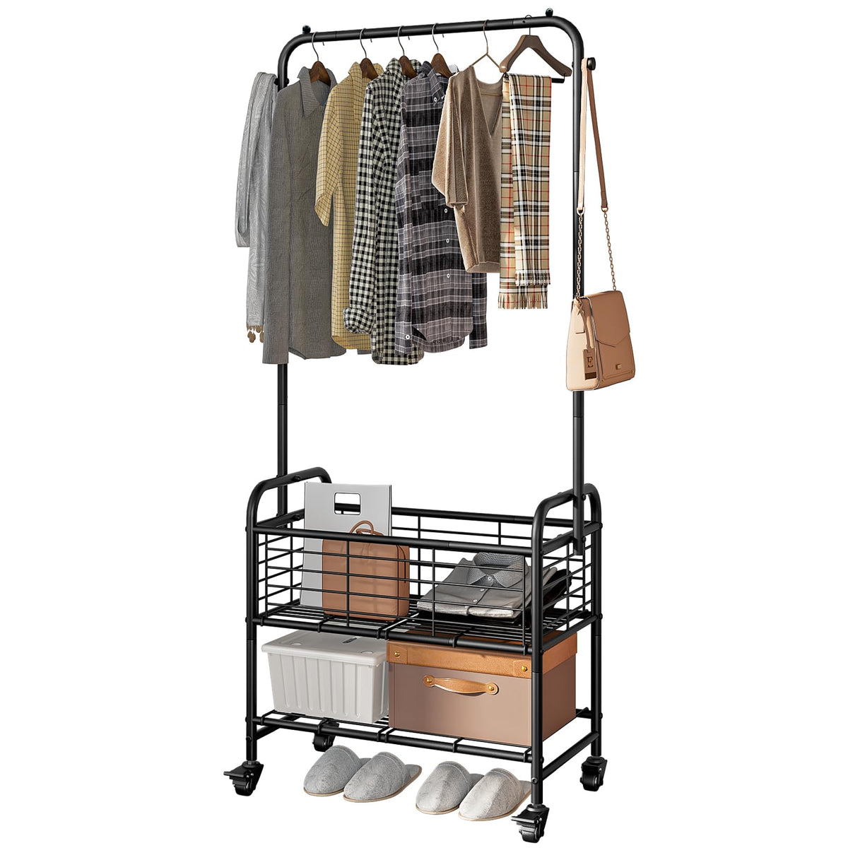 SUOERNUO Laundry Cart with Basket Hanging Rack Sorter with Wheels Shelf