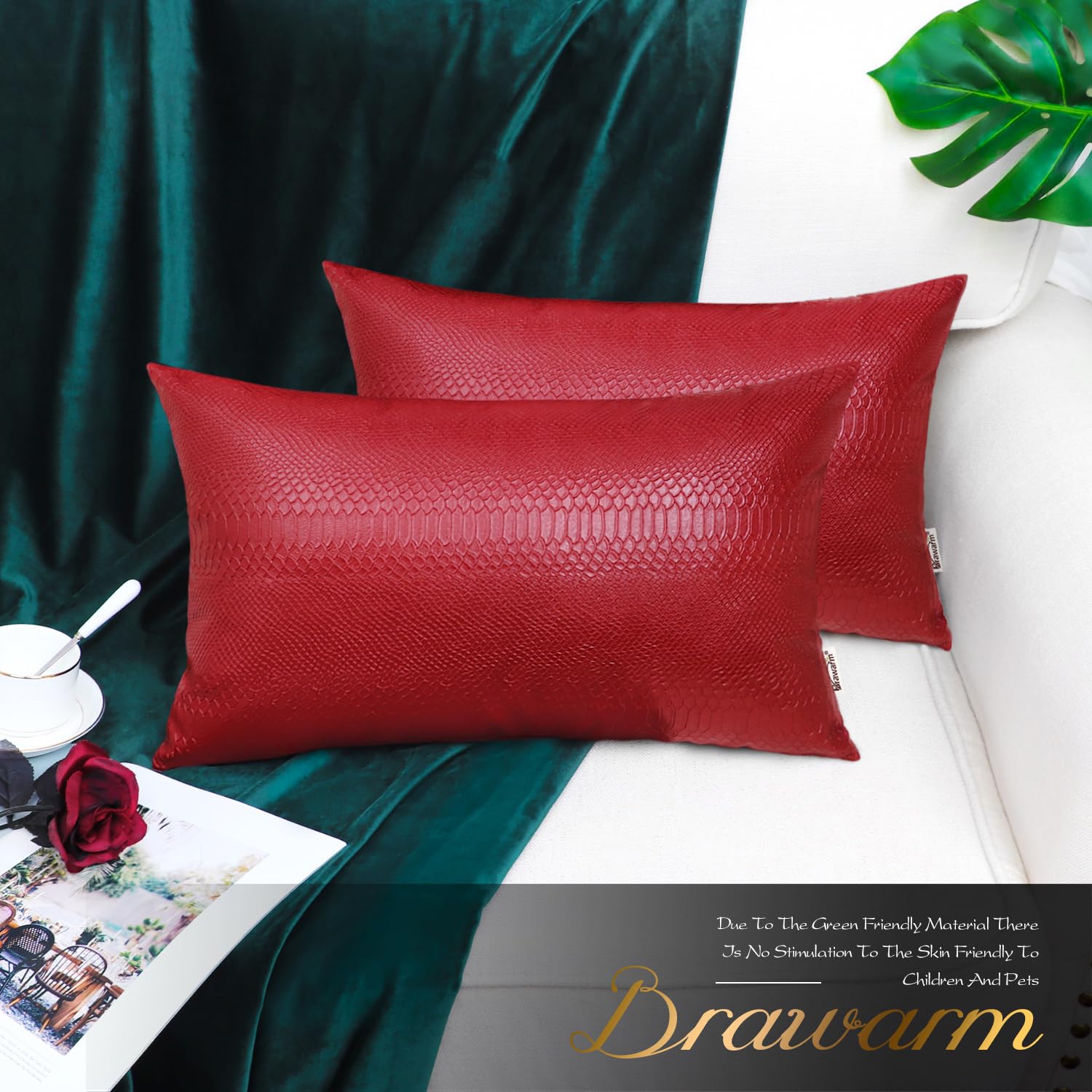 Brawarm Christmas Red Leather Throw Pillows 12 X 20 Inches, Snake Leather Pillow Covers Pack Of 2, Faux Leather Decorative Lumba