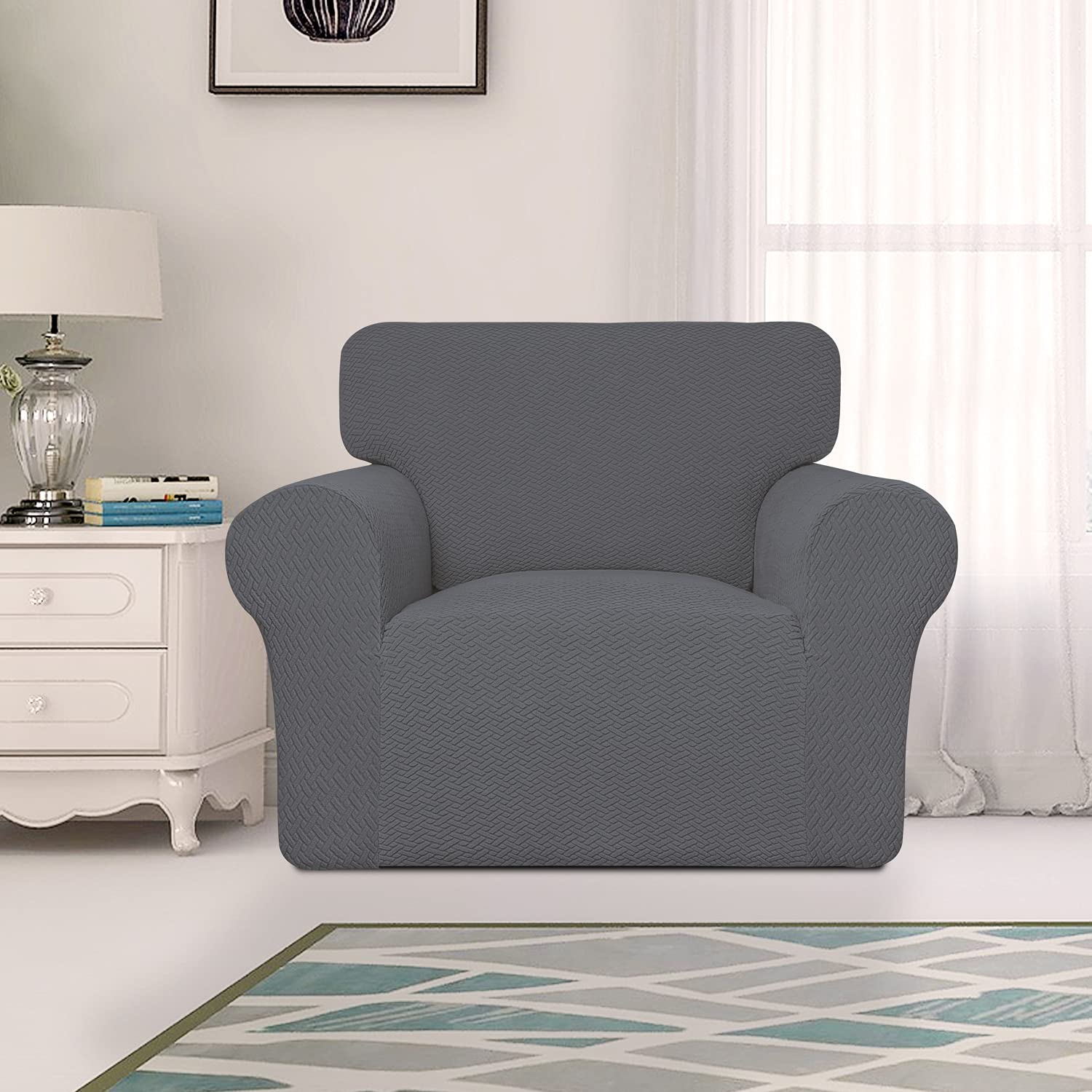 Easy-Going Stretch Jacquard Chair Couch Cover, 1-Piece Soft Sofa Cover, Sofa Slipcover With Anti-Slip Foams, Washable Furniture Protector For Kids, Pets ( Chair, Gray)