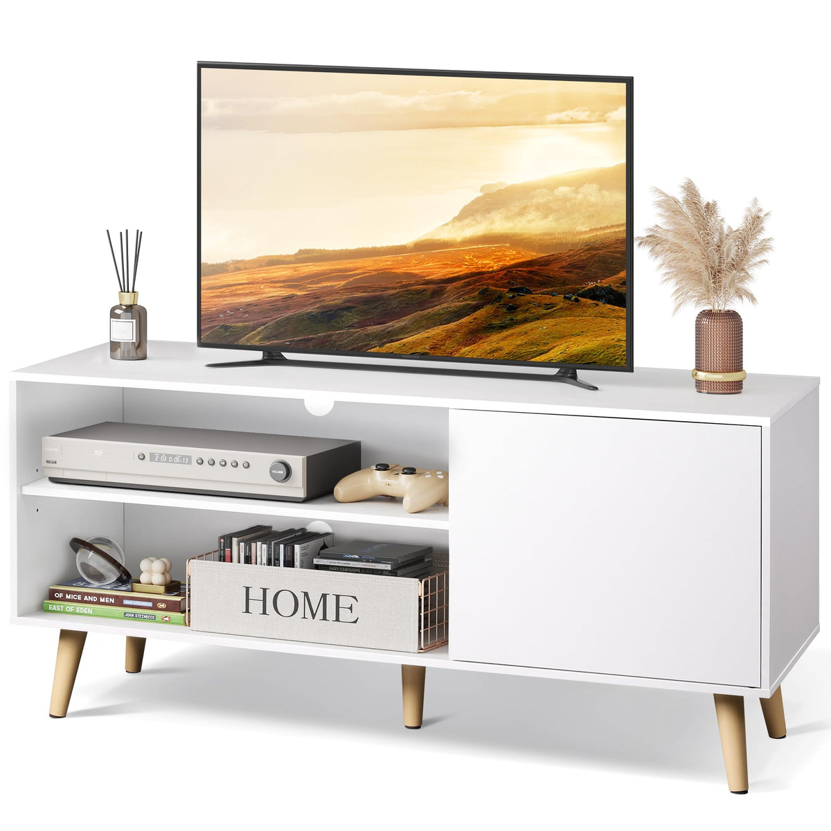 Wlive Tv Stand For 55 Inch Tvs, Entertainment Center With Storage Cabinet, Mid-Century Tv Stands For Living Room And Bedroom, 50' Tv Console, White