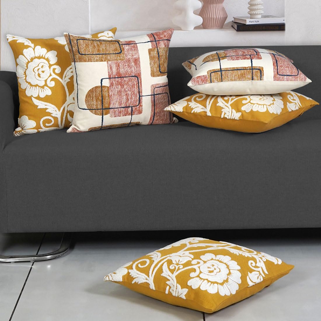 Ode & Cleo Cotton Cushion Covers 18 Inch X 18 Inch With Zip Closure, Hoop Embroidery, Pillow Cover For Sofa, Living Room, Bed Or