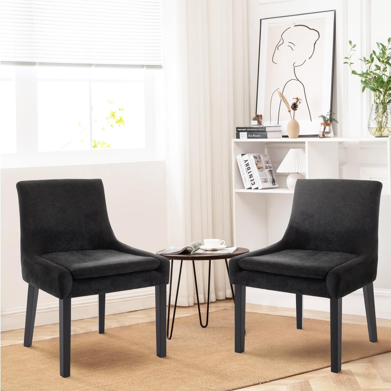 Colamy Modern Dining Chairs Set Of 6, Upholstered Corduroy Accent Side Leisure Chairs With Mid Back And Wood Legs For Living Room/Dining Room-Black