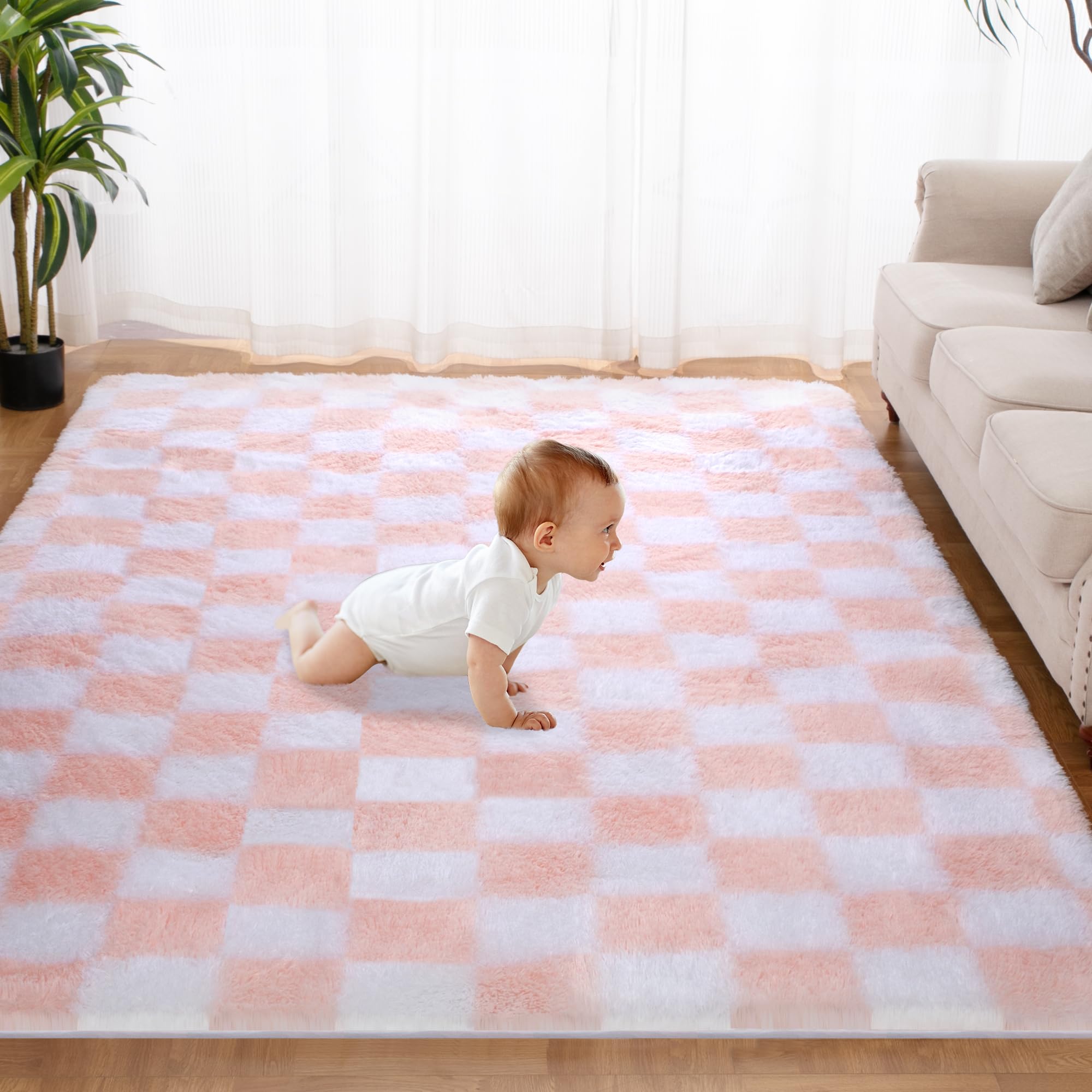 Super Soft Rug for Bedroom, 6x9 Ft Pink and White Area Rug Classic Checkered Shaggy Rug Anti-Skid High Pile Soft Fluffy Rug Fuzz