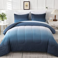 Gradient Blue White Comforter Set King Size 7 Pieces Ombre Navy Blue Bed In A Bag Complete Bedding Set - Breathable Solid Ocean
