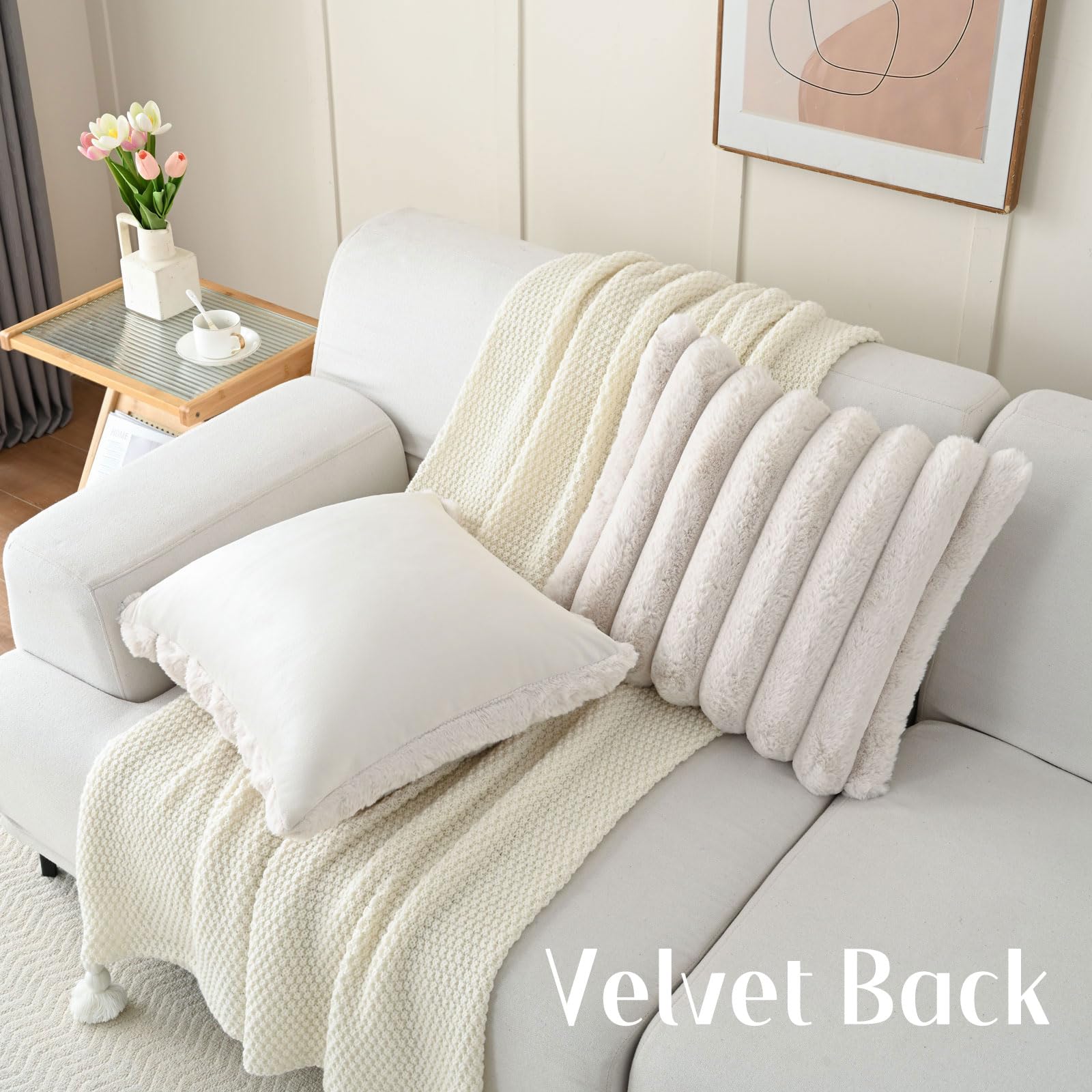 Futei Beige Decorative Throw Pillow Covers 16X16 Inch Set Of 2, Square Soft Faux Rabbit Fur Big Striped Cushion Cover,Home Decor