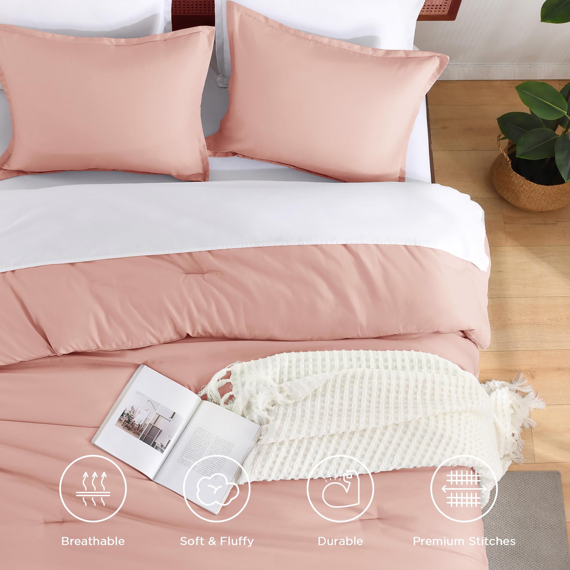 Andency California King Size Comforter Set, 3 Pieces Blush Pink Boho Solid Bedding Comforter Set, Modern Reversible Soft Fluffy Cal King Bed Set For All Season