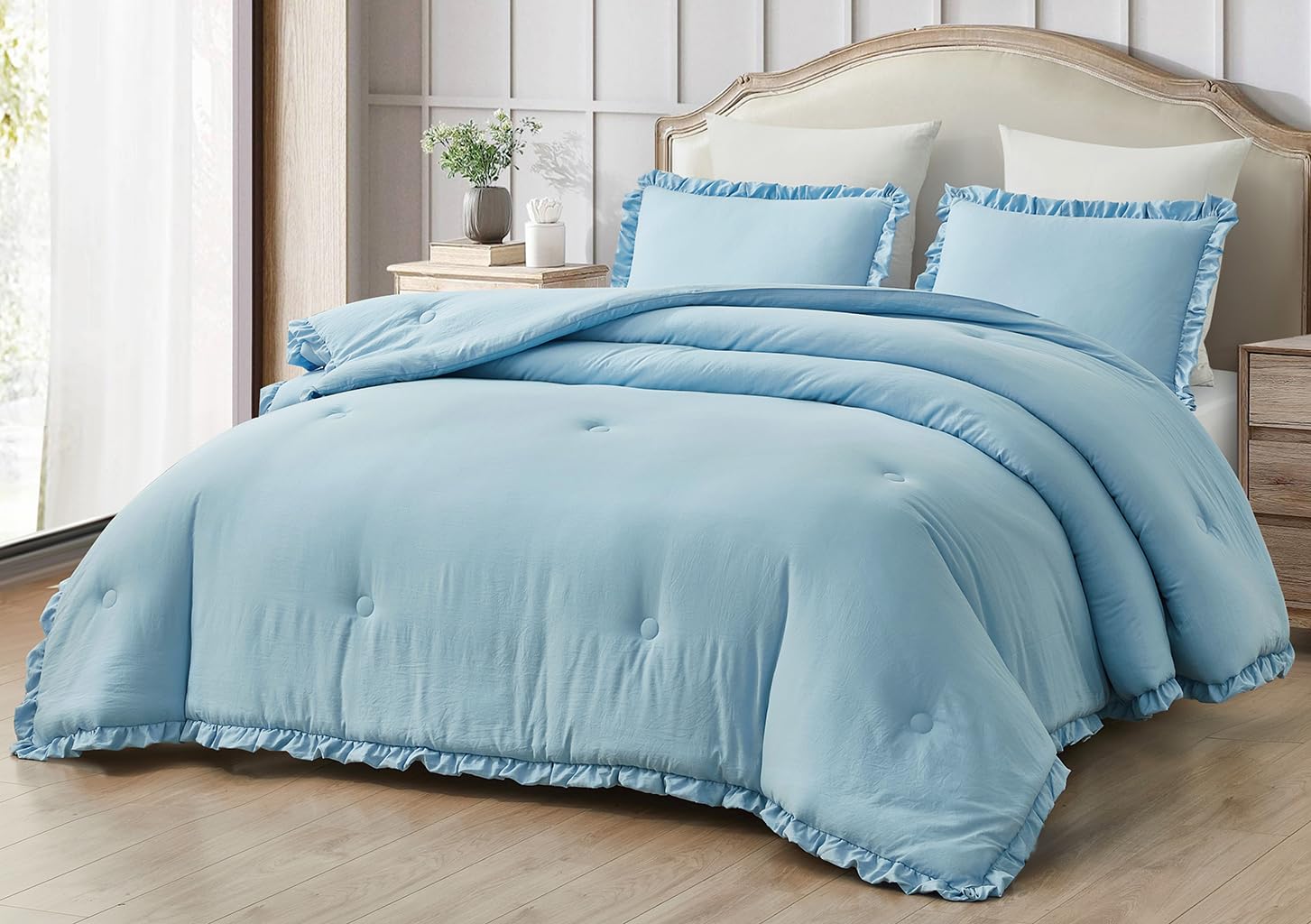 Chezmoi Collection Nora Chambray Blue Comforter Set Queen Size 3-Piece Lightweight Fluffy Soft Lightweight Bedding Ruffled Edge