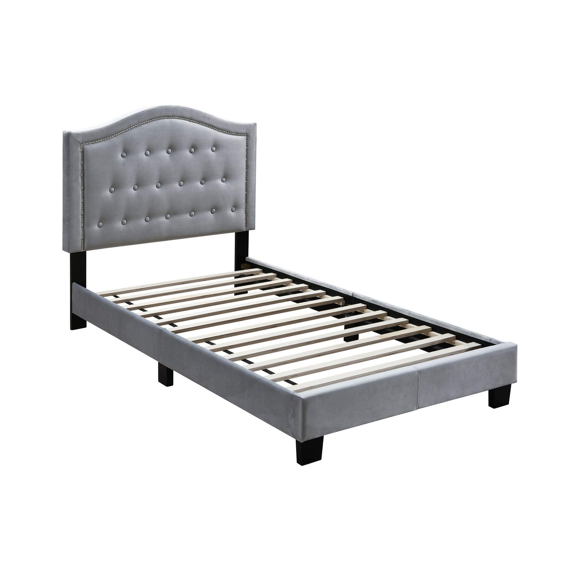 Benjara BM232027 Button Tufted Queen Velvet Bed with Curved Headboard, Grey
