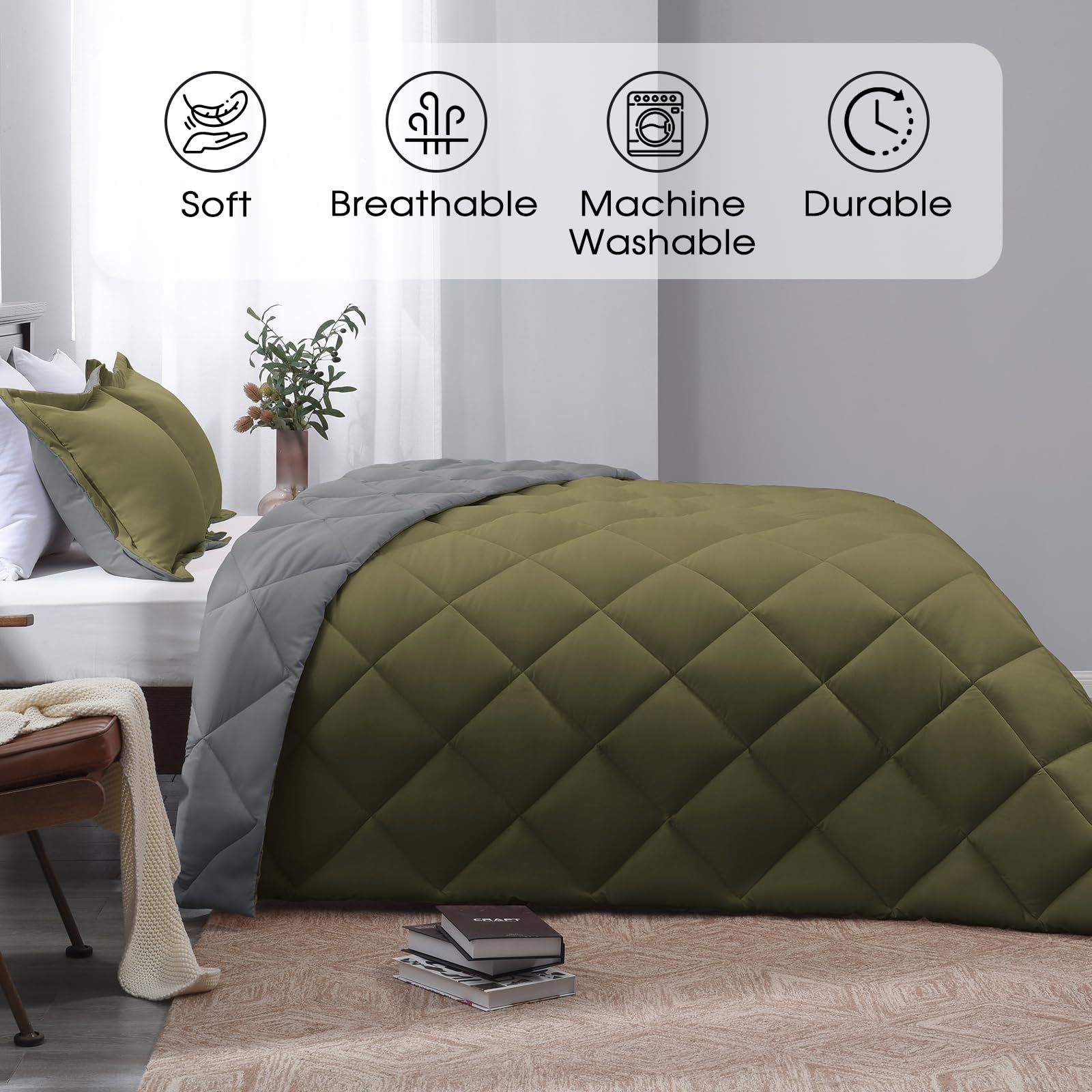 Basic Beyond Twin Comforter Set - Olive Green Comforter Set Twin, Reversible Twin Bed Comforter Set For All Seasons, Olive Green/Charcoal Gray, 1 Comforter (66'X92') And 1 Pillow Sham (20'X26'+2')
