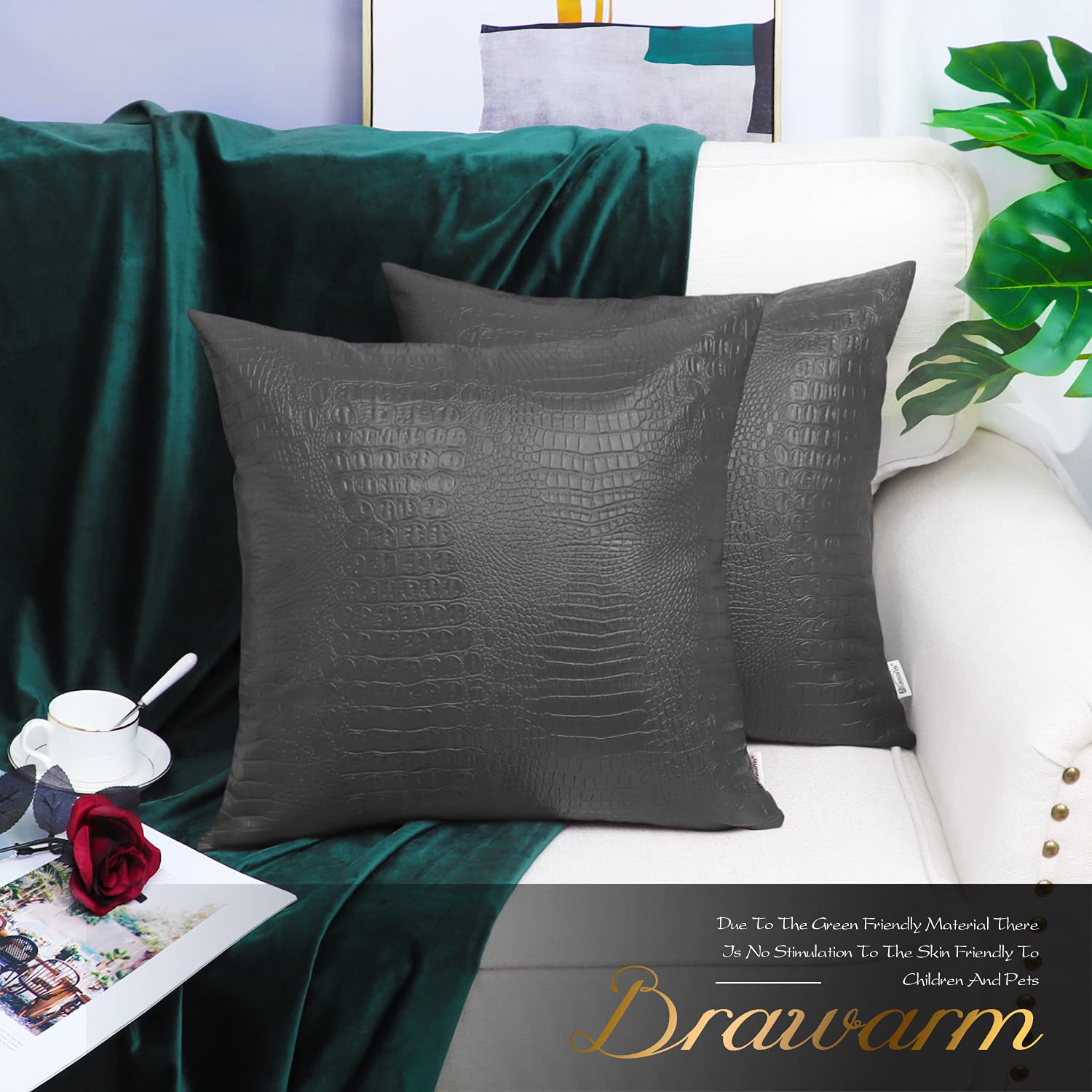 Brawarm Faux Leather Pillow Covers 20 X 20 Inches, Charcoal Gray Leather Pillow Covers Pack Of 2, Crocodile Leather Decorative T