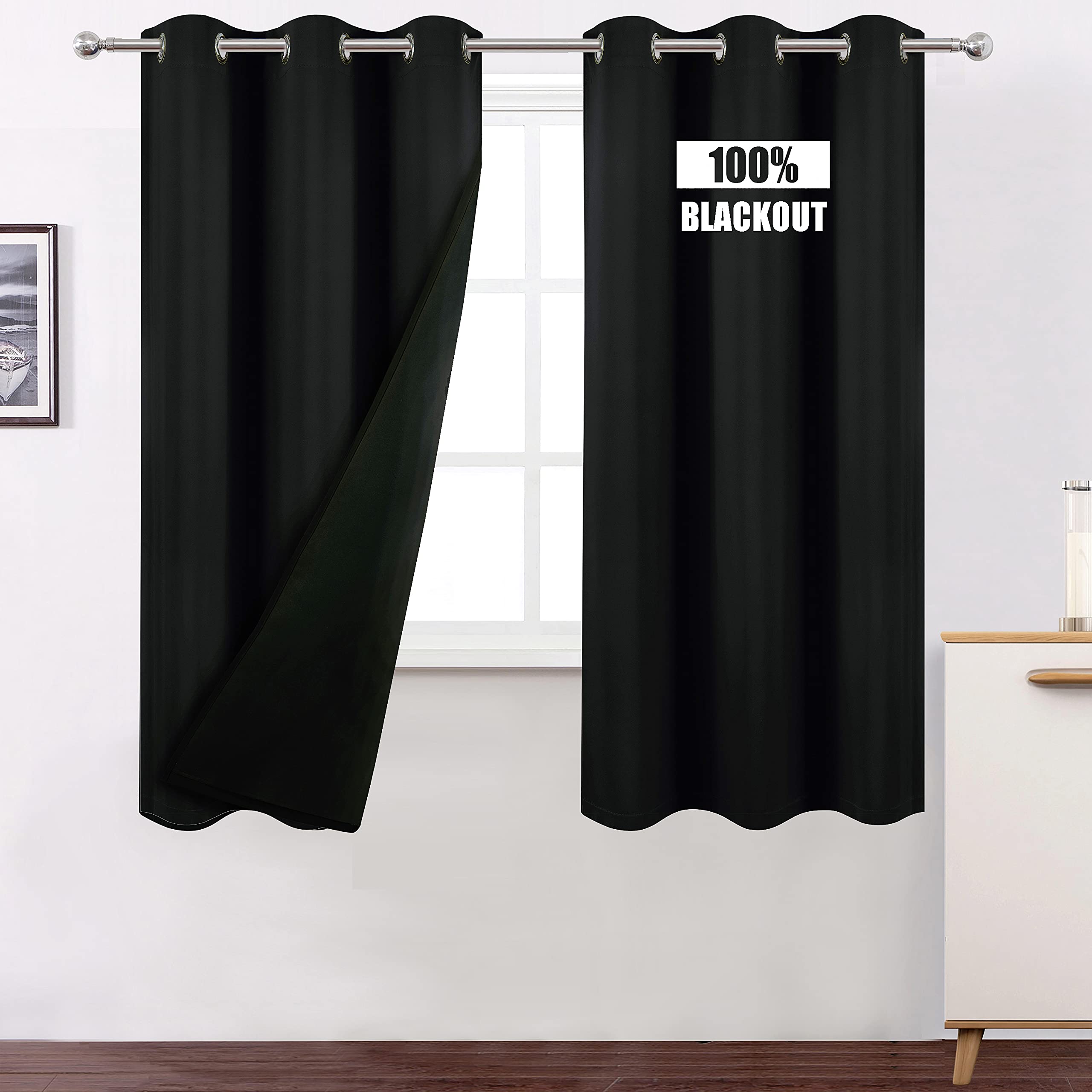 LEMOMO 100% Blackout Curtains 40 x 63 Inch/Black Curtains 2 Panels with Black Liner/Double Layer Full Room Darkening Bedroom Cur