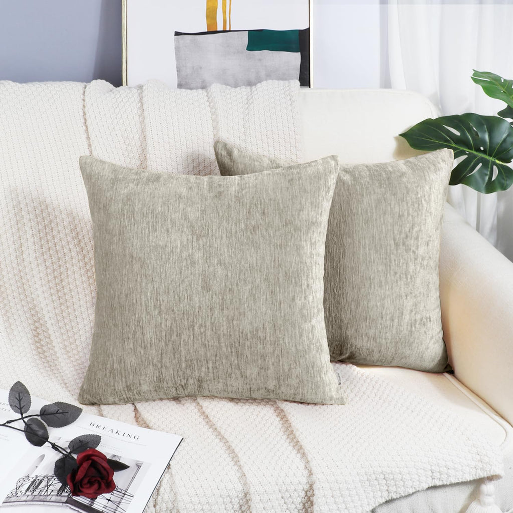 Brawarm Chenille Throw Pillow Covers 16X16 Inches - Taupe Chenille Pillow Covers Pack Of 2, Solid Dyed Soft Chenille Pillow Case