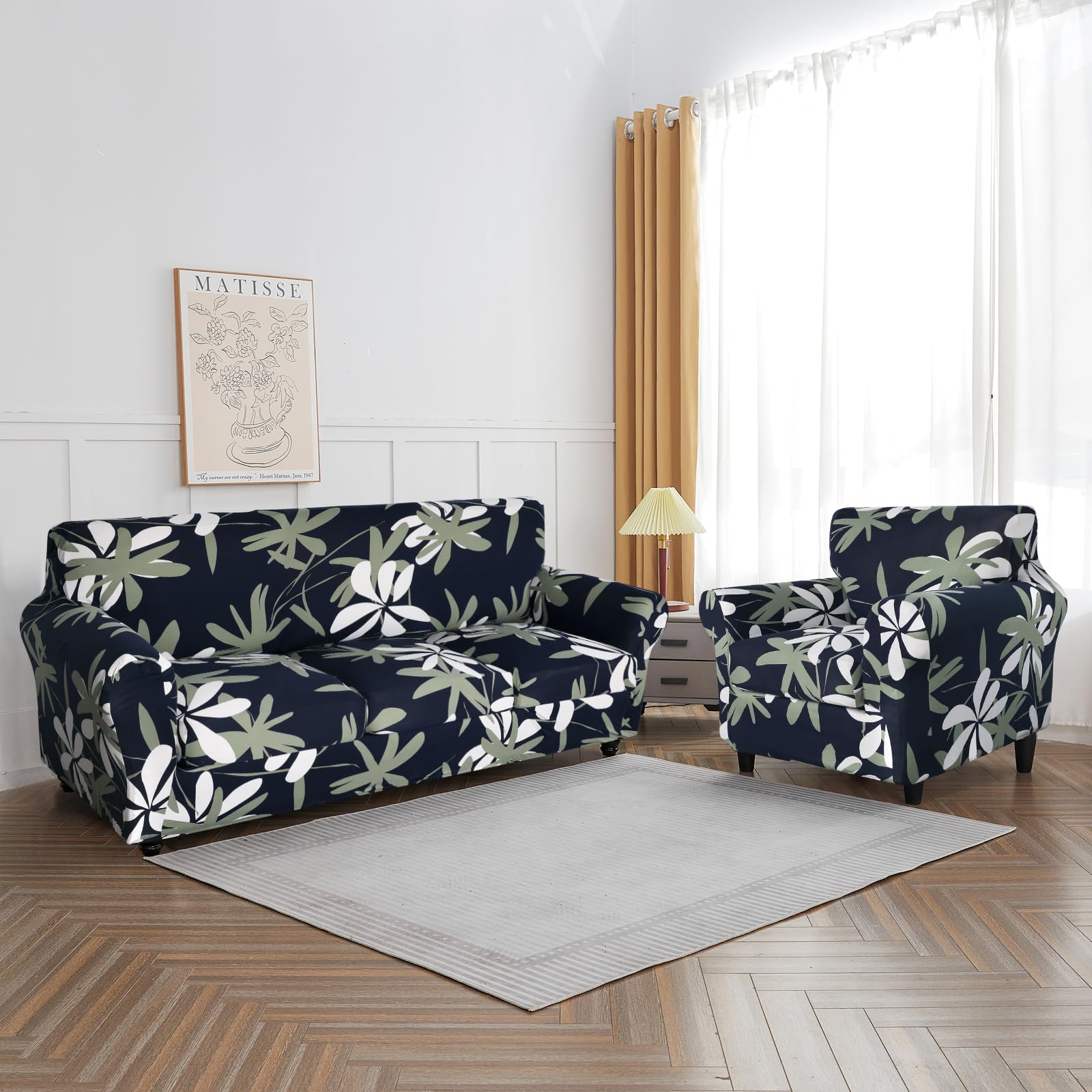 Searchi Stretch Sofa Cover Printed Couch Cover, Floral Pattern 3 Pieces Loveseat Slipcover With 2 Separate Cushion Cover, Washable Furniture Protector For Living Room(Loveseat, Navy Blue)