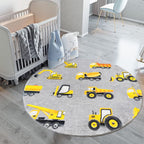 Poowe Round Construction Trucks Kids Area Rug Soft Fluffy Kids Construction Rugs for Playroom Nonslip Digger Nursery Rug for Boy