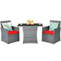 Tangkula 3 Pieces Patio Dining Set, Patiojoy Space-Saving Pe Rattan Bistro Set With Tempered Glass Top Table And Cushioned Chairs, Outdoor Conversation Set For Garden, Backyard, Poolside, Porch (Red)