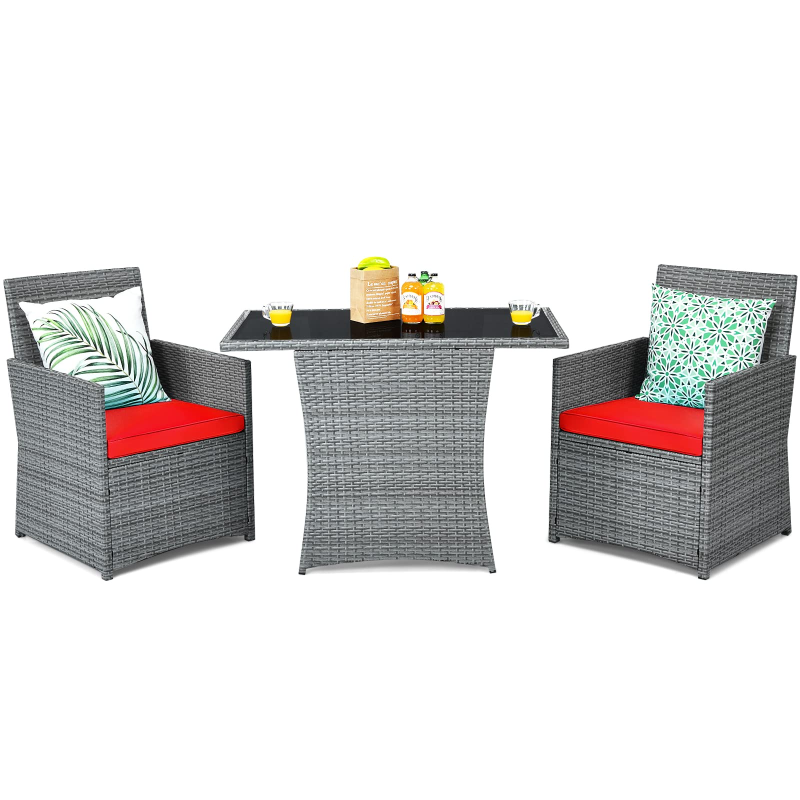 Tangkula 3 Pieces Patio Dining Set, Patiojoy Space-Saving Pe Rattan Bistro Set With Tempered Glass Top Table And Cushioned Chairs, Outdoor Conversation Set For Garden, Backyard, Poolside, Porch (Red)