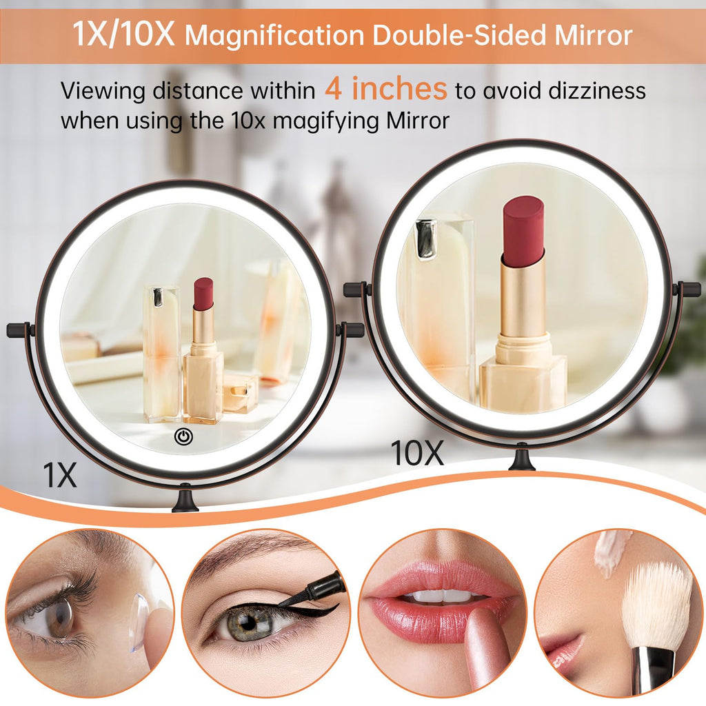 Rechargeable Wall Mounted Lighted Makeup Vanity Mirror 8 Inch Double Sided 1X 10X Magnifying Bathroom Mirror, 3 Color Lighting,