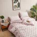 Clothknow Pink Plaid Comforter Set Full 3Pcs Pink White Bedding Comforter Sets Grid Comforter Full Geometric Comforter Soft Checker Full Size Comforter Sets