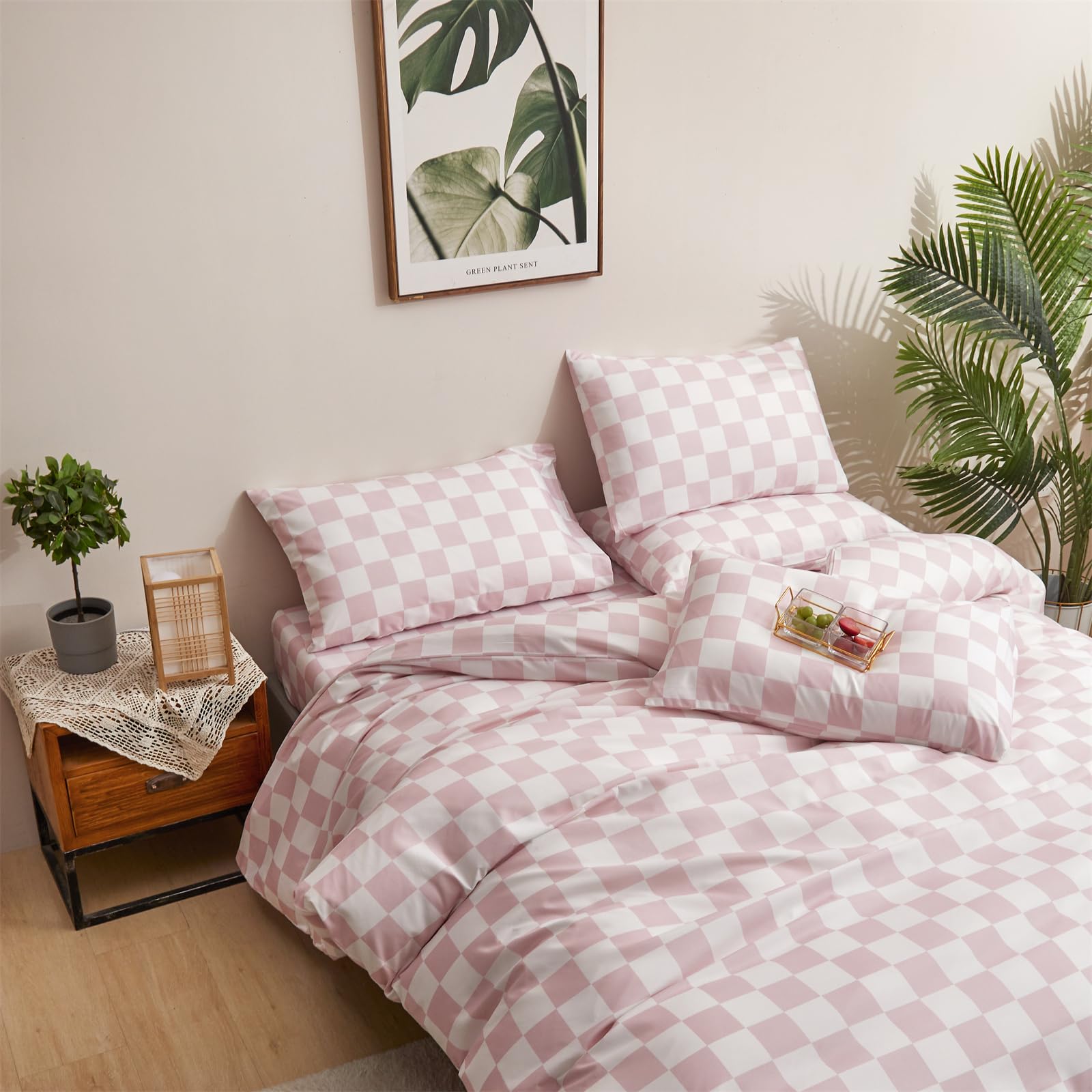 Clothknow Pink Plaid Comforter Set Full 3Pcs Pink White Bedding Comforter Sets Grid Comforter Full Geometric Comforter Soft Checker Full Size Comforter Sets