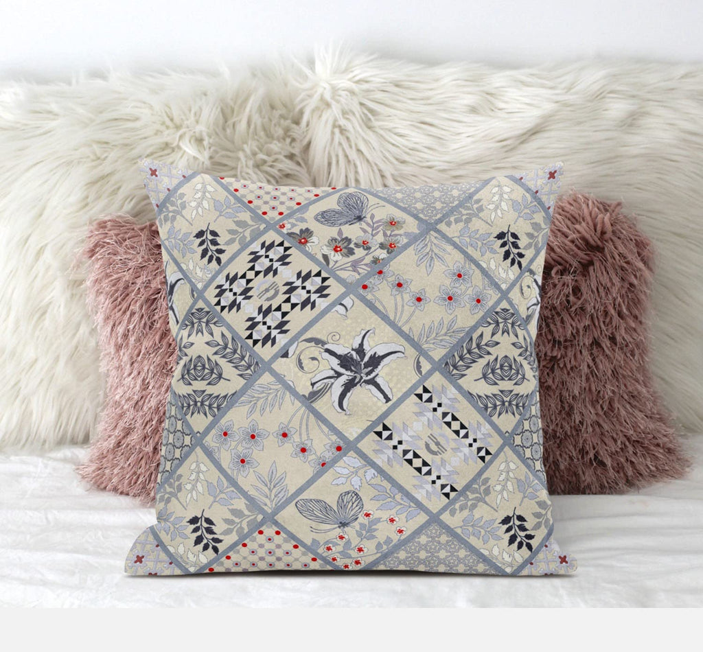 HomeRoots Dark Green Peach 16â€ Cream Gray Patch Suede Zippered Throw Pillow