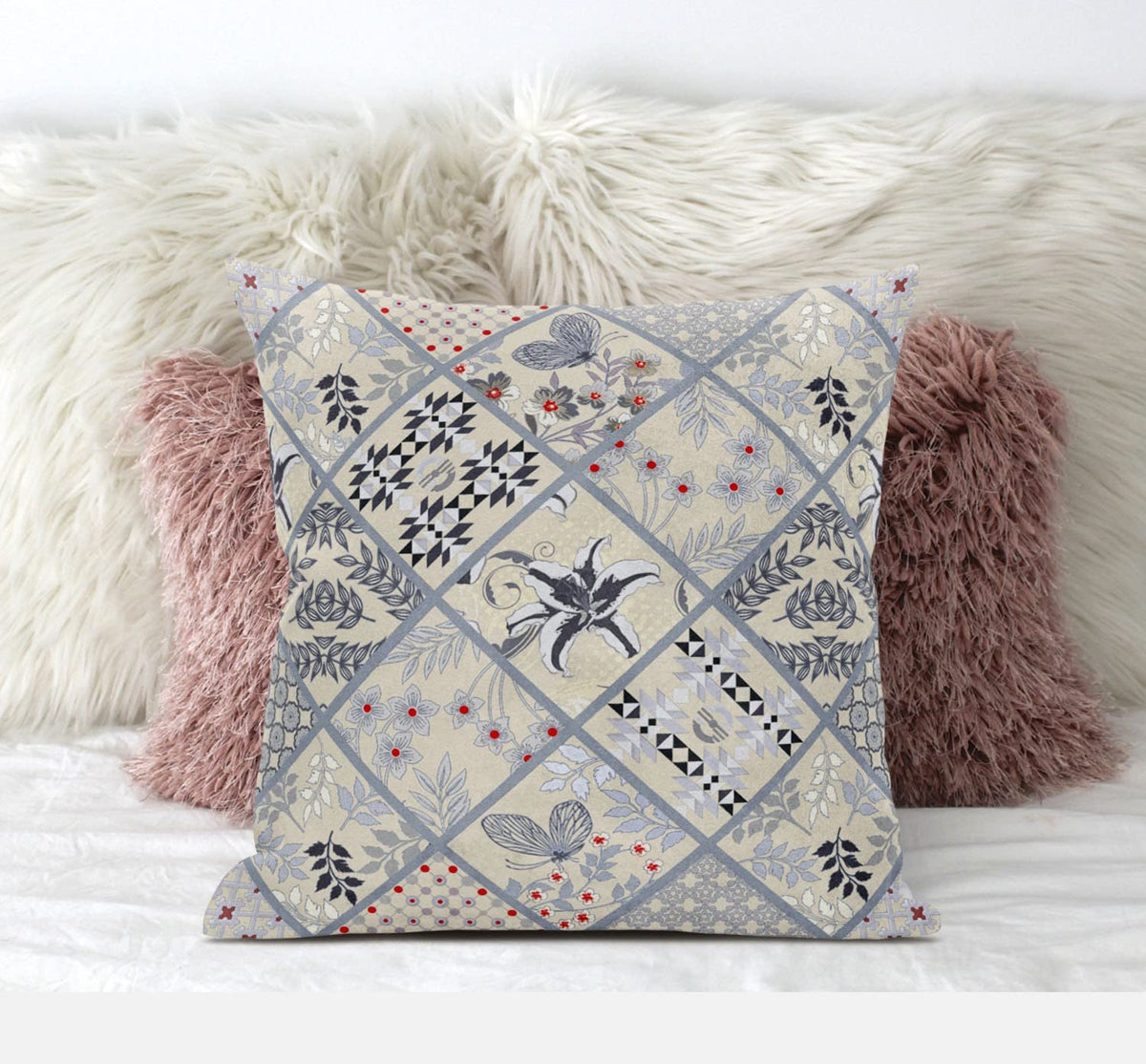 HomeRoots Dark Green Peach 16â€ Cream Gray Patch Suede Zippered Throw Pillow