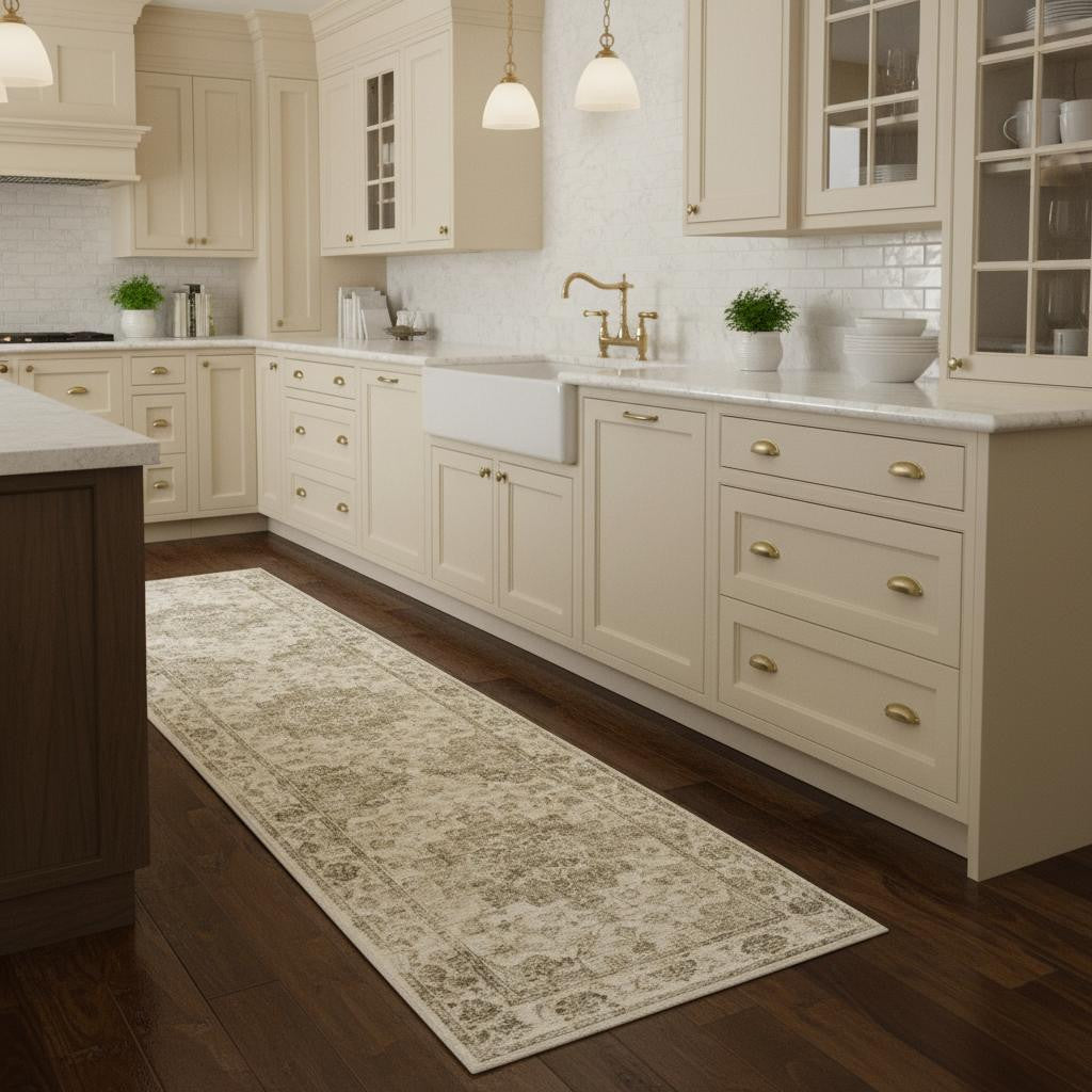 8 Brown And Beige Floral Medallion Washable Area Rug