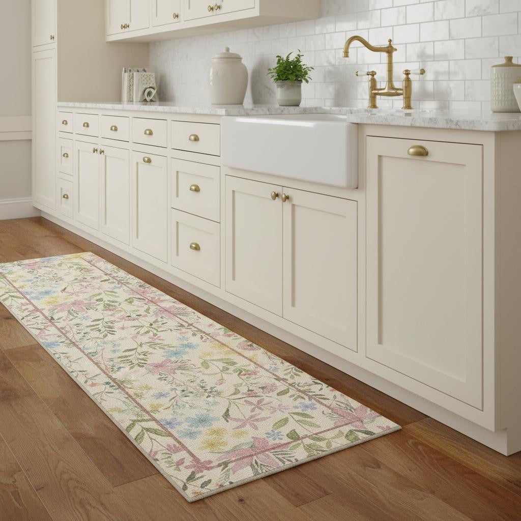 8 Ivory Pink And Green Floral Washable Area Rug