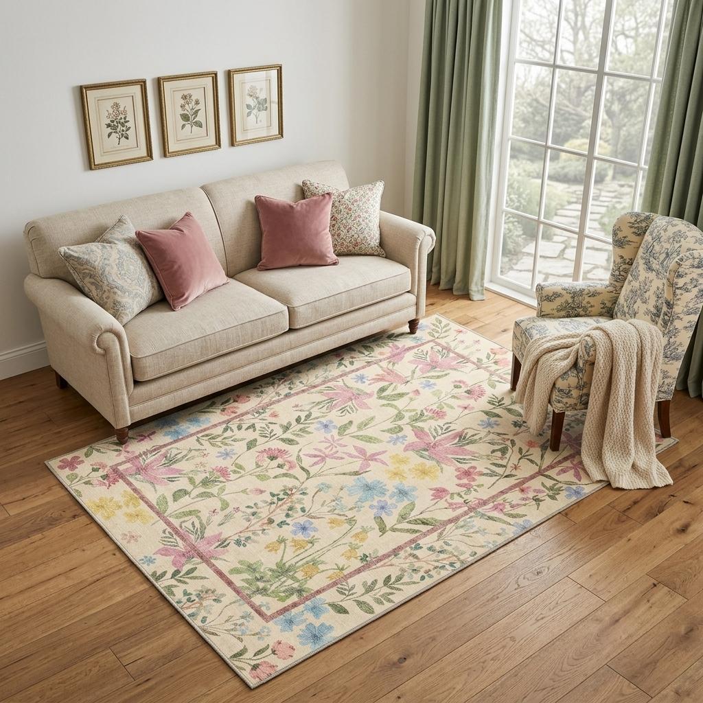 5 X 7 Ivory Pink And Green Floral Washable Area Rug