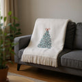 55 X 70 Cream Cotton Blend Woven Christmas Tree Embroidered Throw Blanket with Fringe