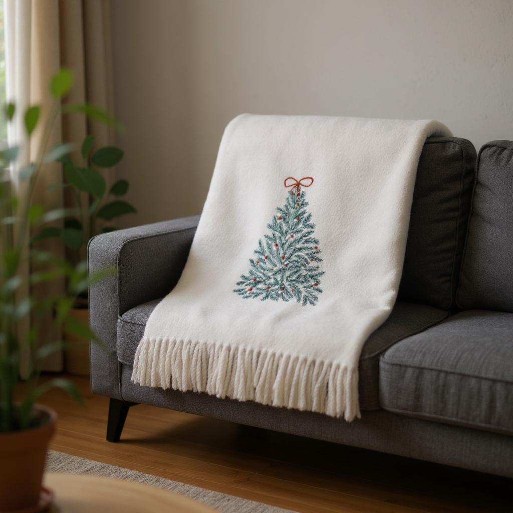 55 X 70 Cream Cotton Blend Woven Christmas Tree Embroidered Throw Blanket with Fringe