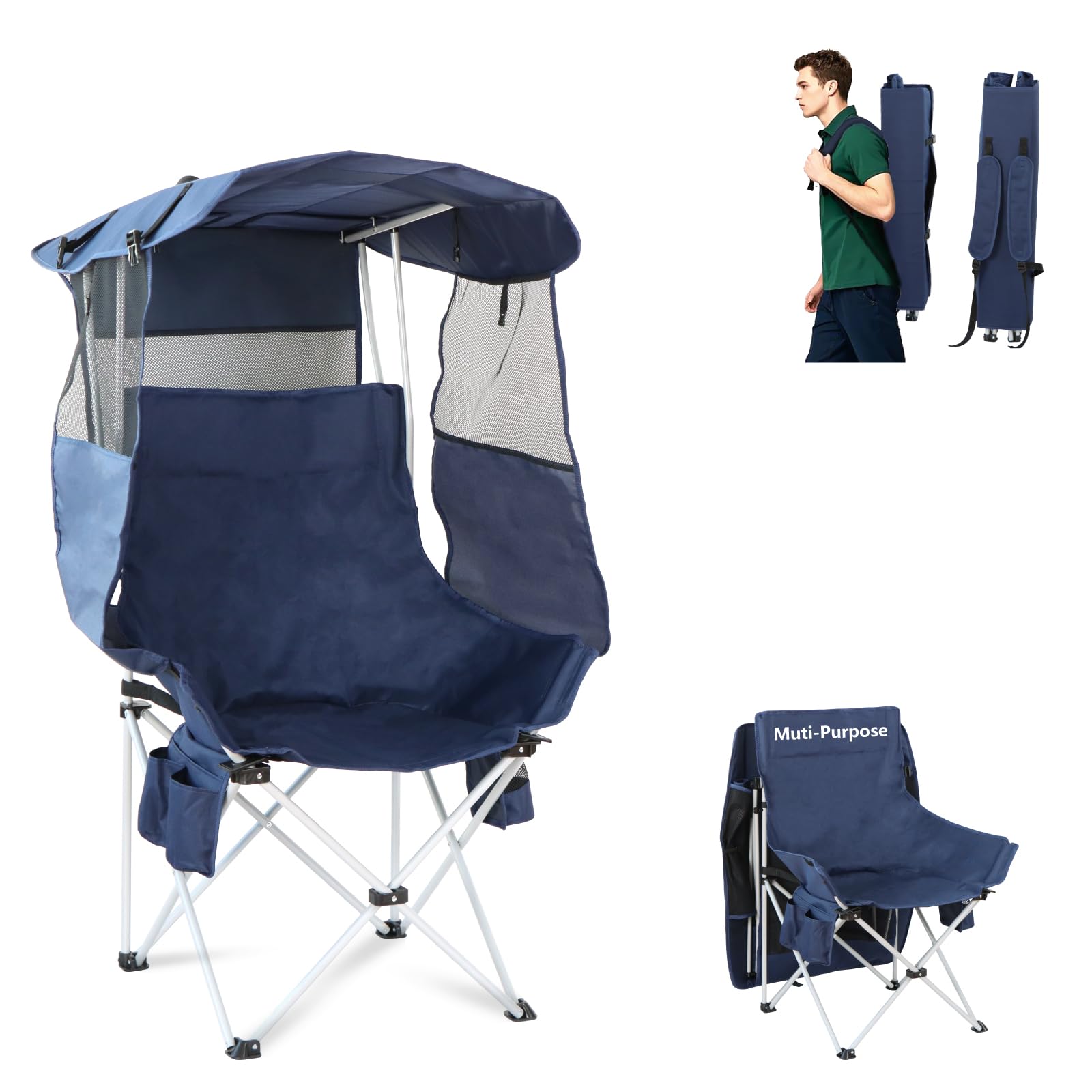 Folding Camping Chairs Canopy Outdoor: Sports Portable Beach Chair with Canopy-Lawn Beach Chairs with Umbrella for Adults-Campin