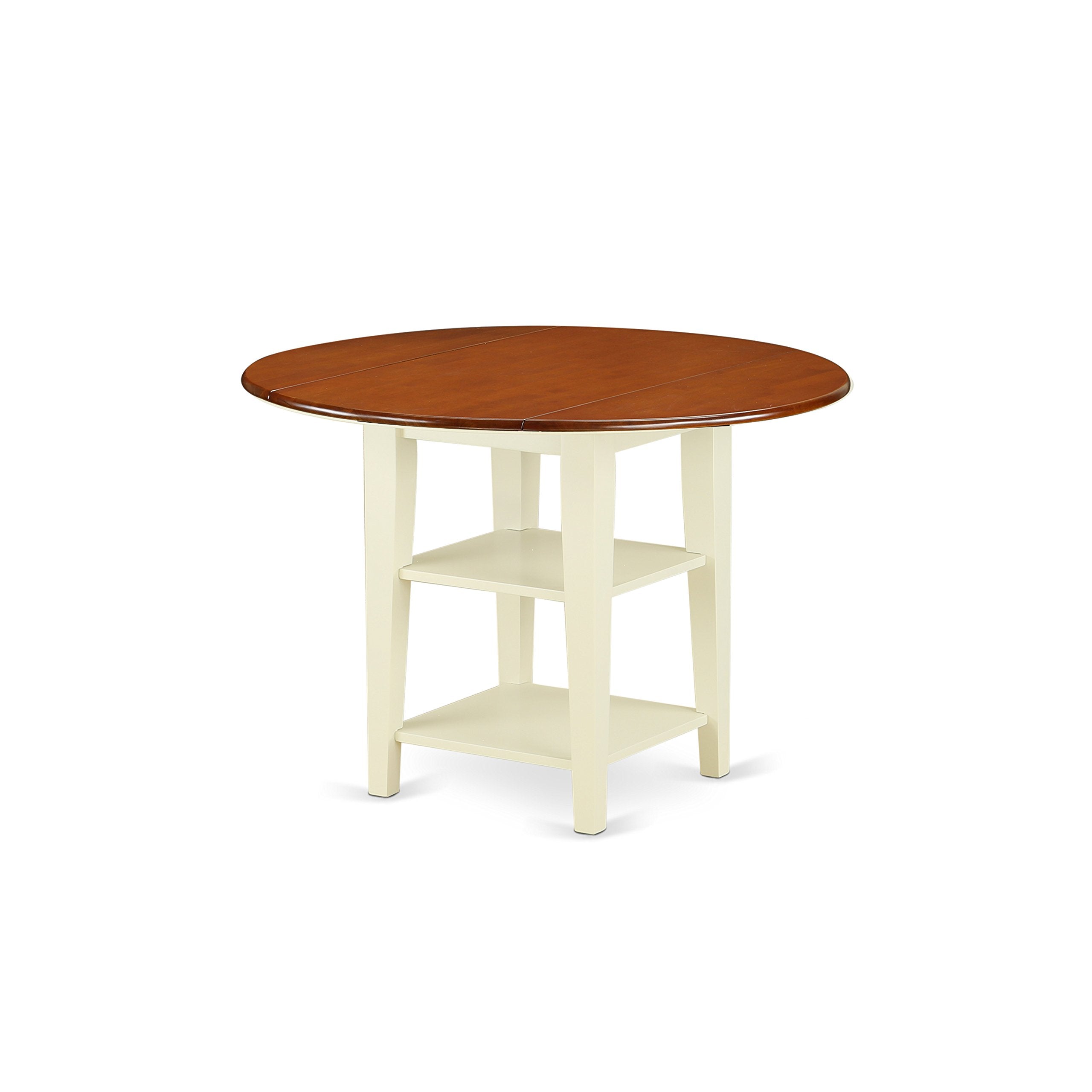 East West Furniture SUQU3-BMK-W 3 Piece Modern Dining Table Set Contains a Round Wooden Table with Dropleaf & Shelves and 2 Dining Chairs, 42x42 Inch, Buttermilk & Cherry
