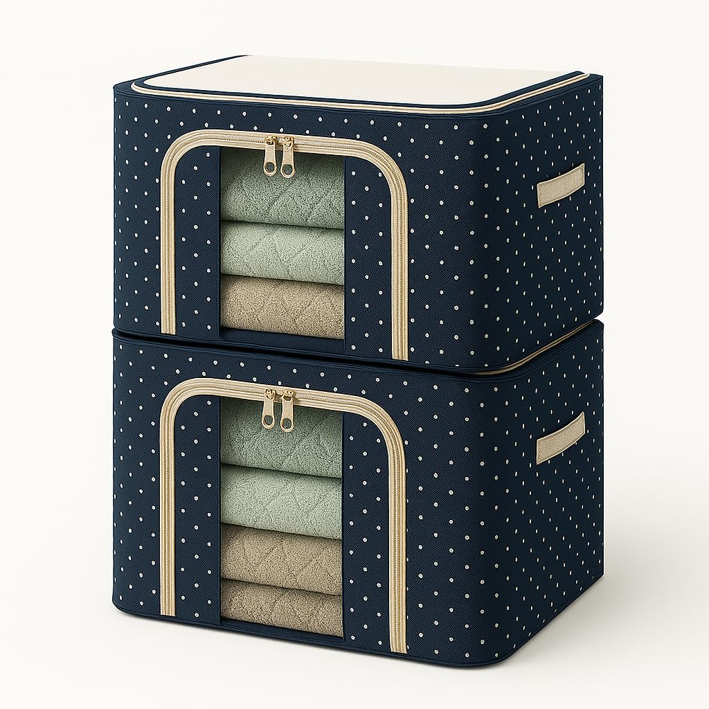 KAKUSHIN 66L Foldable Canvas Storage Bag with Clear Lid & Handle, Stackable Fabric Closet Organizer Box with Steel Frame, Heavy 