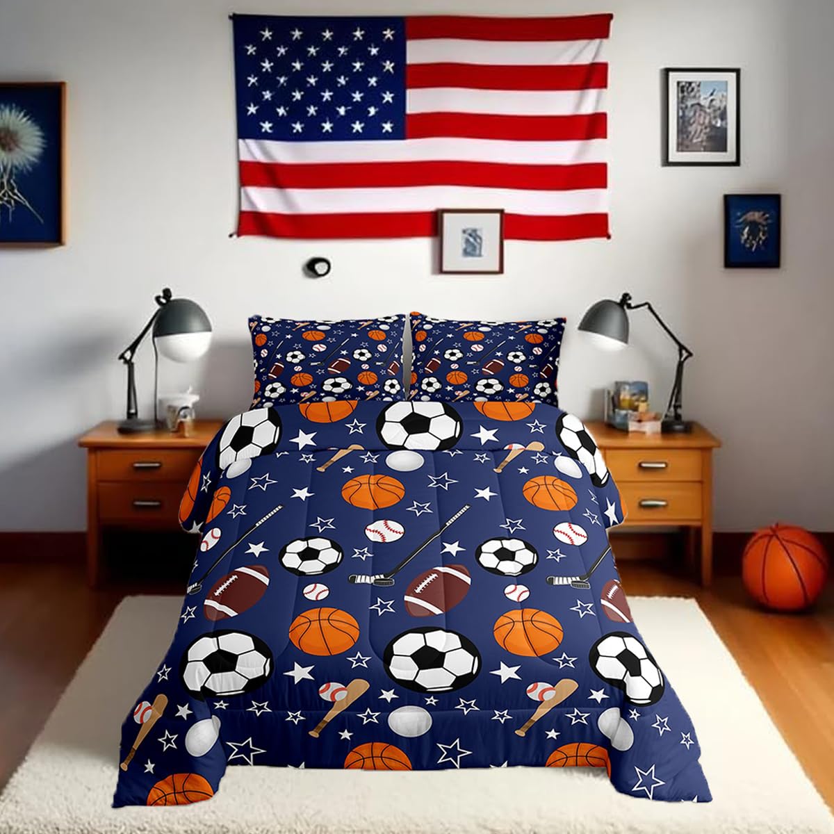 Feelyou Sports Theme Bedding Set Full Size Basketball Football Baseball Hockey Comforter Set for Kids Boys Girls Teens Toddler B