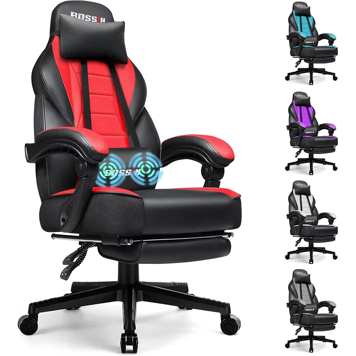 BOSSIN gaming chair with Massage, Ergonomic Heavy Duty Design, gamer chair with Footrest and Lumbar Support, High Back Office ch