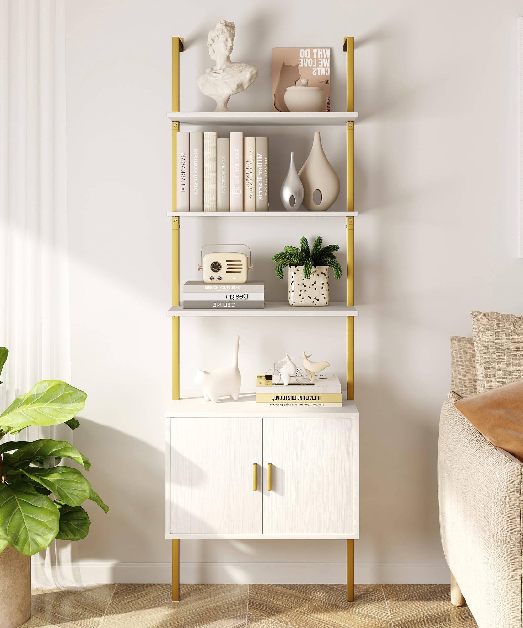 Yusong 73 Tall Bookshelf with Cabinet, Industrial Ladder Wall Mount Shelf Bookcase with Wood and Metal Frame, Plant Shelf Wall S