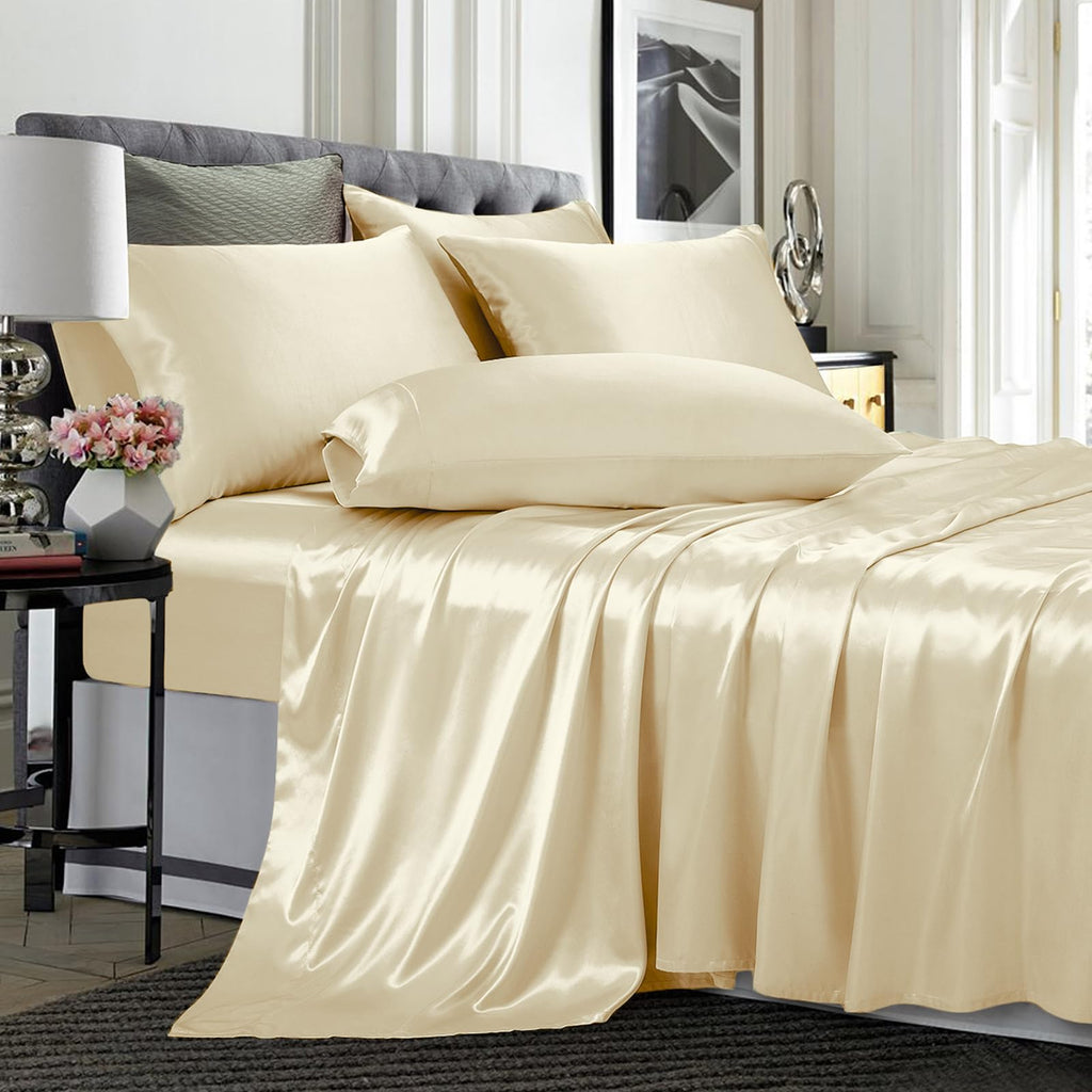 TREELY 4 Piece Satin Sheets Twin Size Silky Smooth Beige Satin Sheet Set with Deep Pocket, Satin Fitted Sheet, Flat Sheet, 2 Sat