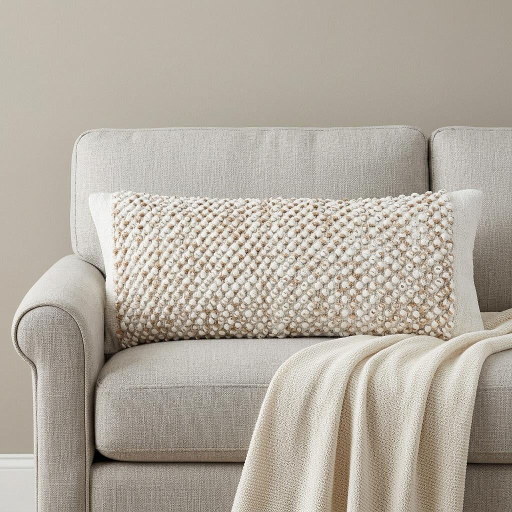 14 X 36 White And Beige Lumbar Geometric Cotton Blend Throw Pillow Cover with Texture