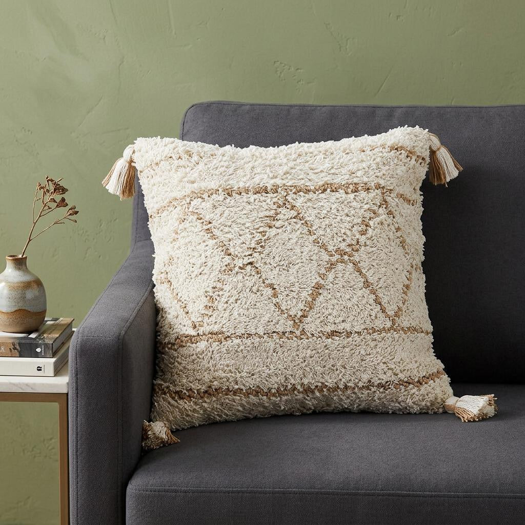20 Ivory And Beige Geometric Cotton Blend Throw Pillow Cover with Tassels