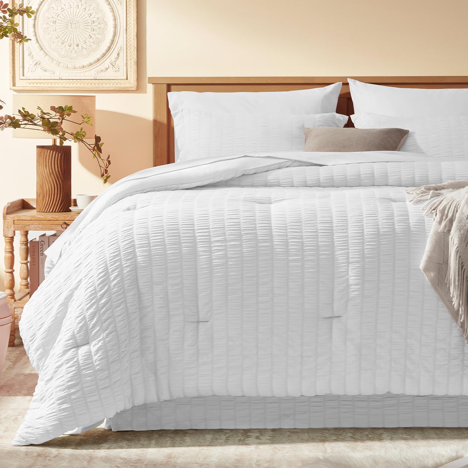 Laojin Balhen Twin Comforter Set 6 Pieces, Seersucker Bed In A Bag Twin, White Comforter With Sheets, Comforters Twin Size Beddi