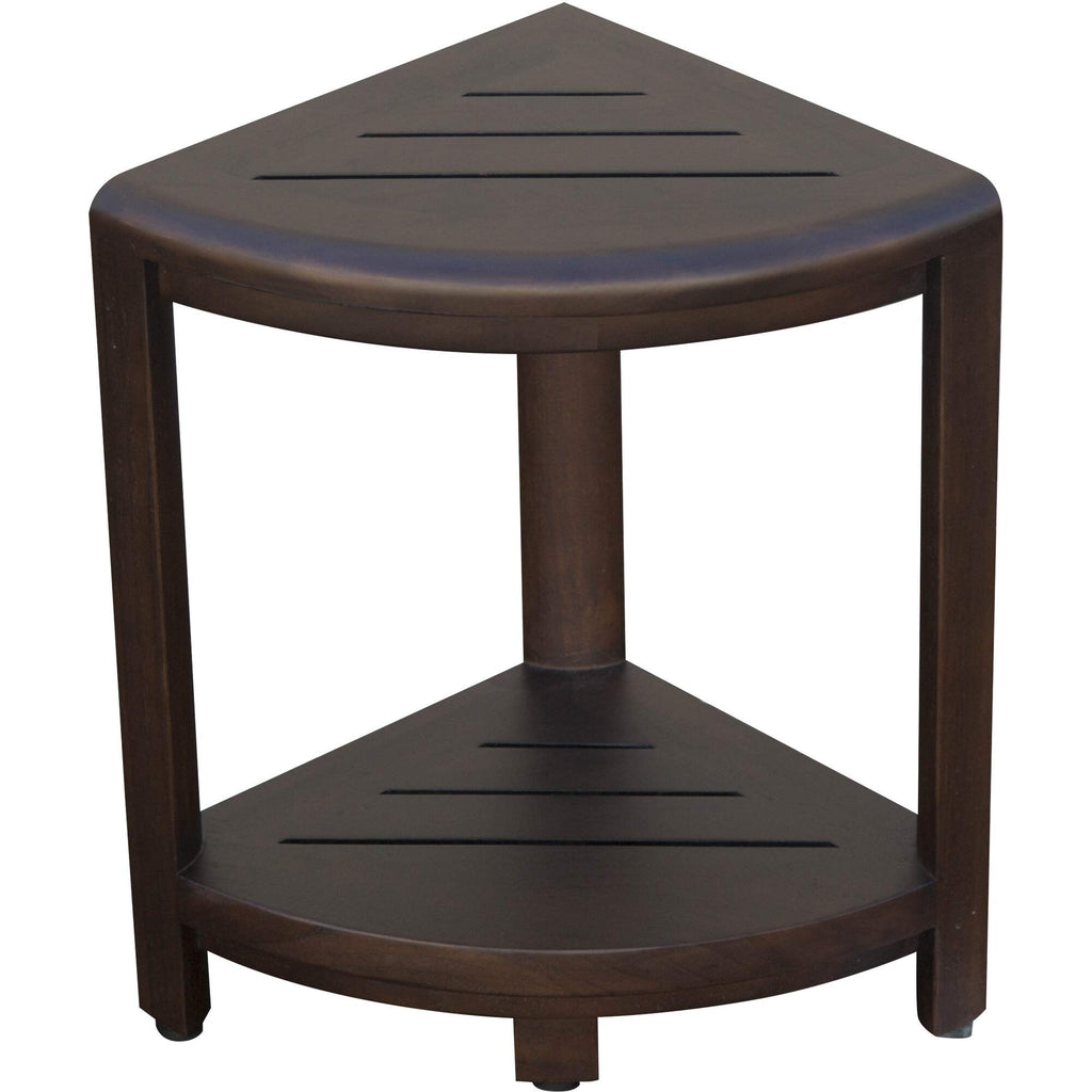 Compact Triangular Teak Shower Outdoor Bench With Shelf In Brown Finish
