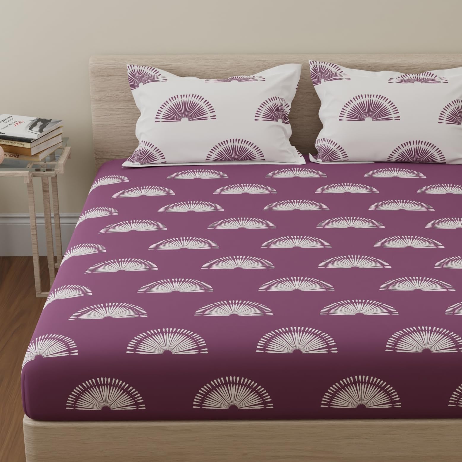 Huesland By Ahmedabad Cotton 144 Tc Cotton Bedsheet For Double Bed With 2 Pillow Covers | Sunrise | Grape Purple & White