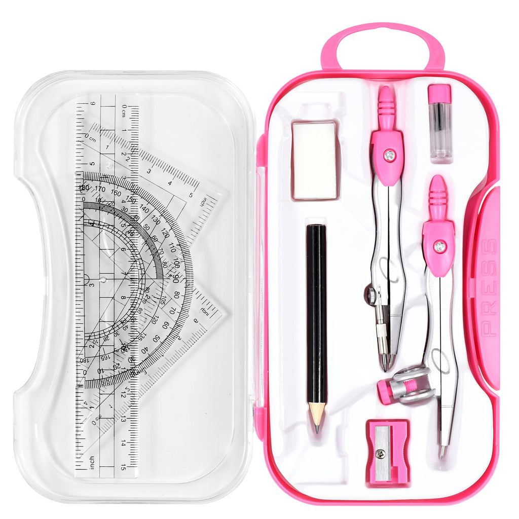 Unjoo Math Geometry Kit Sets 10 Piece Student Supplies With Shatterproof Storage Box,Includes Rulers,Protractor,Compass,Eraser,P