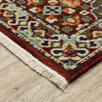 HomeRoots 509273 8 x 11 ft. Red Rust Navy Light Blue Brown Orange Ivory & Gold Oriental Power Loom Stain Resistant Rectangle Area Rug with Fringe