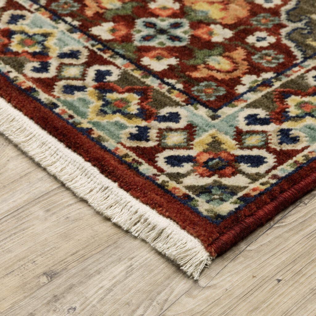 HomeRoots 509273 8 x 11 ft. Red Rust Navy Light Blue Brown Orange Ivory & Gold Oriental Power Loom Stain Resistant Rectangle Area Rug with Fringe