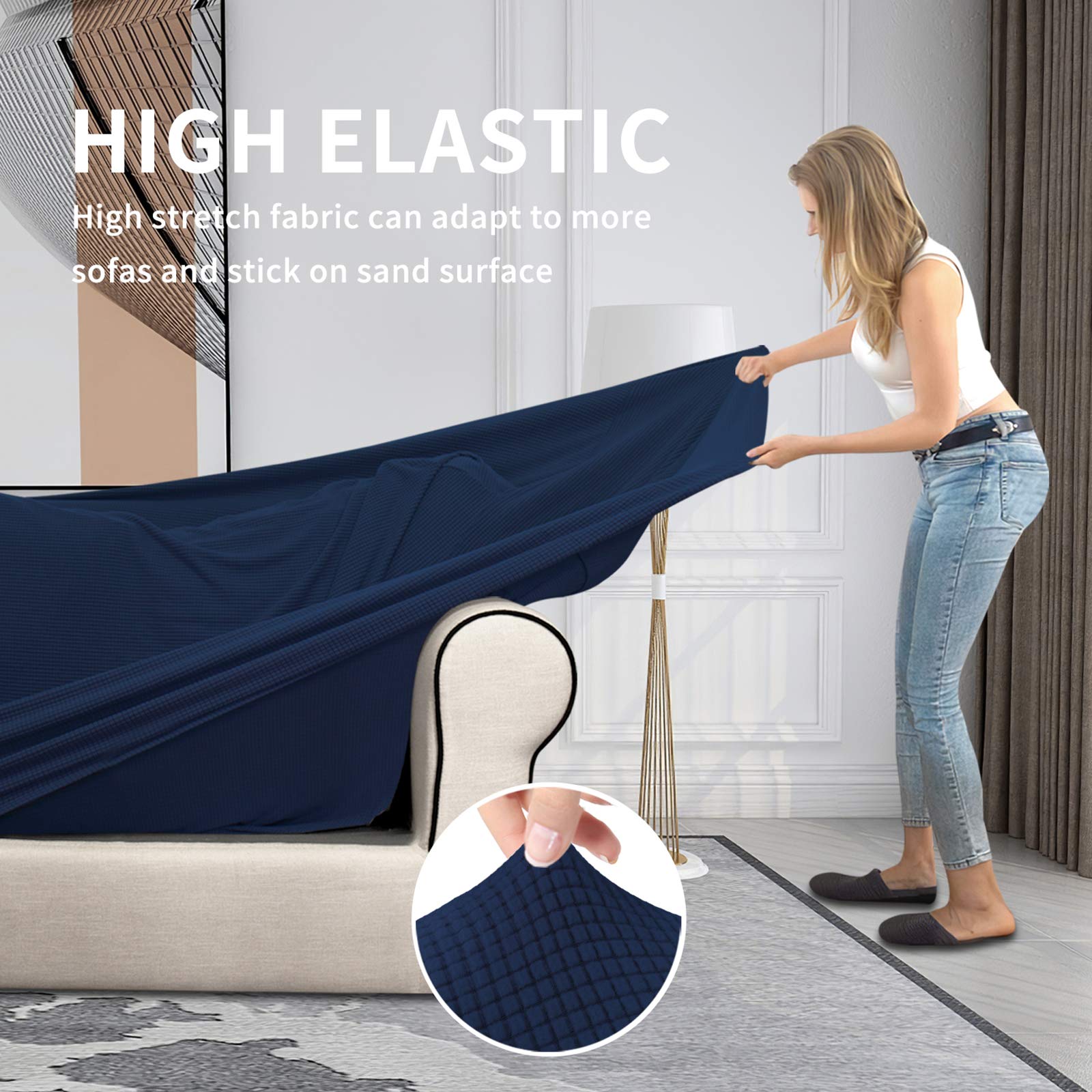 Easy-Going 3 Pieces Stretch Couch Cover Sofa Cover For Dogs Washable Sofa Slipcover For 2 Separate Cushion Couch Spandex Jacquard Fabric Elastic Furniture Protector For Pets, Kids (Navy, Loveseat)