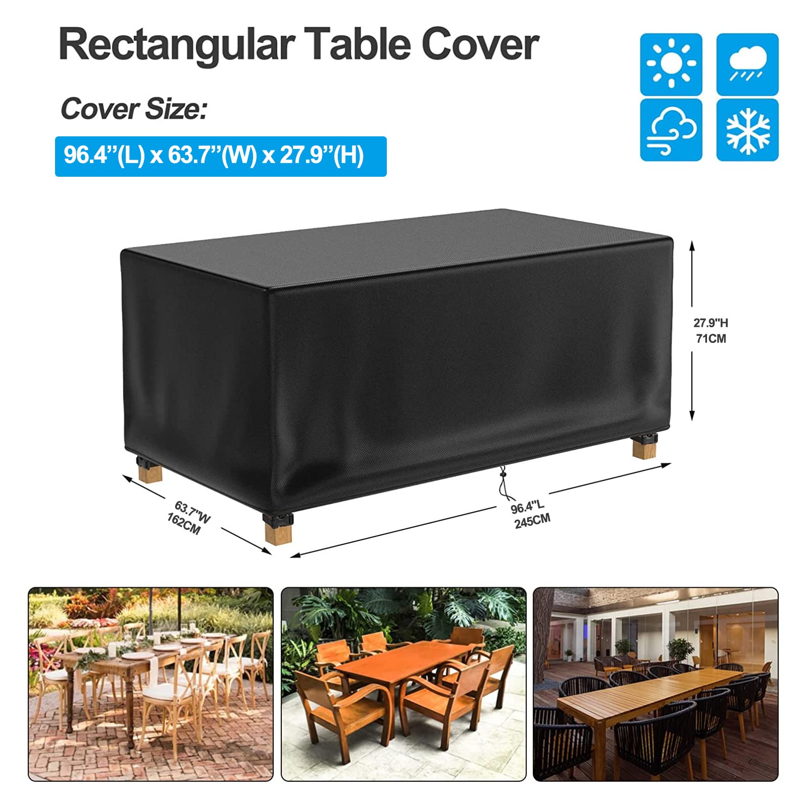 Patio Table Cover 100% Waterproof, 64X45X28 Inch Outdoor Table Cover Rectangular, Patio Furniture Cover For Dinning Furniture, Picnic Coffee Tables Chairs And Sofas, Black